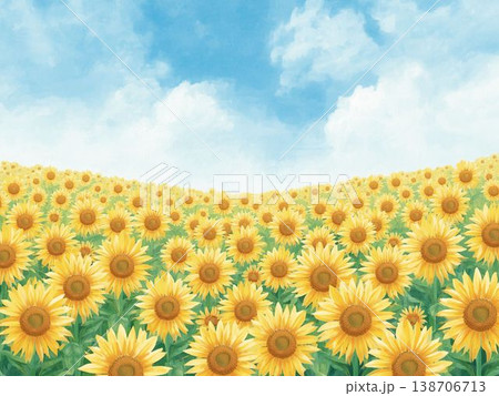 青空の下に広がるひまわり畑の水彩画風風景イラスト 138706713