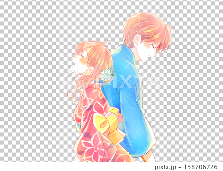 A man and a woman, smiling and standing back-to-back, wearing yukata. A man and a woman, smiling and standing back-to-back, wearing yukata. 138706726