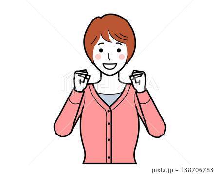 正面向き。ガッツポーズをするカーディガンを着た若い女性。 138706783