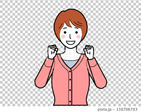 面向前方。一位身穿開襟羊毛衫的年輕女子擺出勝利姿勢。 138706783