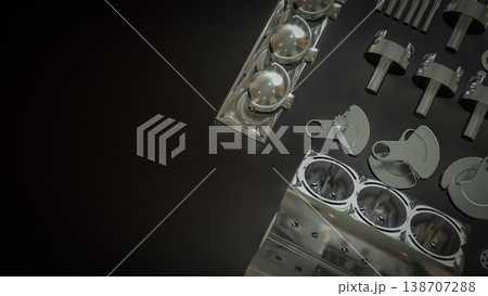 Shiny Engine Cylinder Block And Pistons Mechanical Parts 3d render. 138707288