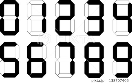 シンプルデジタル数字セット（0〜9）モノクロ表示カウント用ナンバー素材 138707406