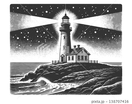 Lighthouse Shining Bright Under Starry Night Sky 138707416