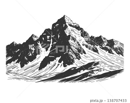 Snow Covered Mountain Peak in Vintage Engraving Snow Covered Mountain Peak in Vintage Engraving 138707433