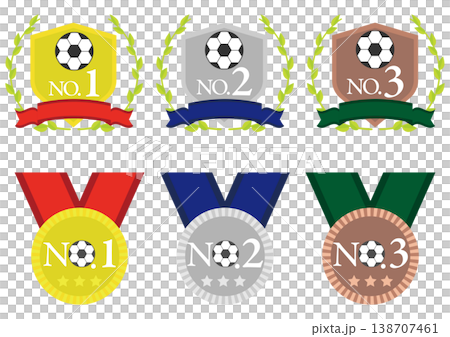 一套方便實用的第一名到第三名徽章和獎牌,帶有足球圖示。 一套方便實用的第一名到第三名徽章和獎牌,帶有足球圖示。 138707461