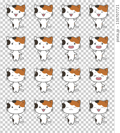 A set of 16 standing illustrations of a calico cat, each with different expressions representing joy, anger, sadness, and other emotions. A set of 16 standing illustrations of a calico cat, each with different expressions representing joy, anger, sadness, and other emotions. 138707721