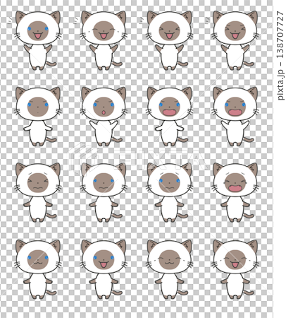 一套 16 幅暹羅貓站立姿態的插圖，展現了各種情緒。 138707727