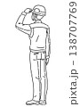 作業服を着て片手をヘルメットに当てる男性の後ろ姿の線画イラスト 138707769