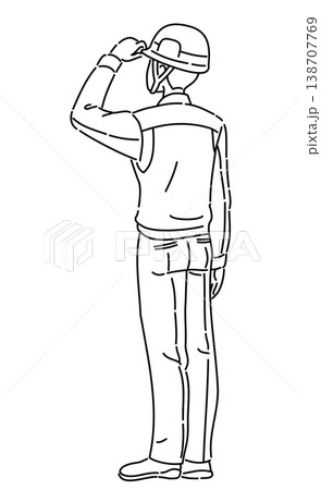 作業服を着て片手をヘルメットに当てる男性の後ろ姿の線画イラスト 138707769