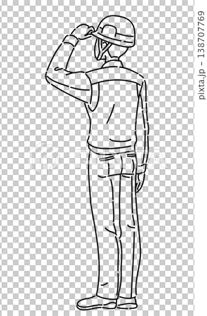 作業服を着て片手をヘルメットに当てる男性の後ろ姿の線画イラスト 138707769