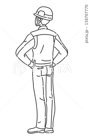 作業服を着て両手を腰に当てる男性の後ろ姿の線画イラスト 作業服を着て両手を腰に当てる男性の後ろ姿の線画イラスト 138707770