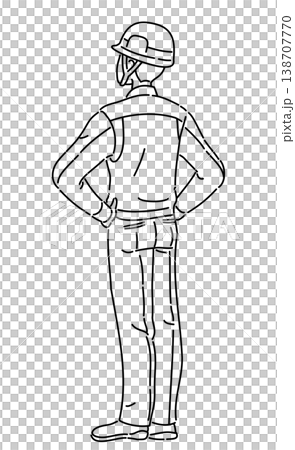 作業服を着て両手を腰に当てる男性の後ろ姿の線画イラスト 作業服を着て両手を腰に当てる男性の後ろ姿の線画イラスト 138707770