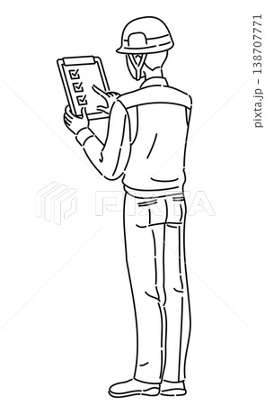 作業服を着てクリップボードを確認する男性の後ろ姿の線画イラスト 作業服を着てクリップボードを確認する男性の後ろ姿の線画イラスト 138707771