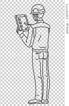 一幅線條畫，描繪了一位身穿工作服的男子正在查看寫字板，視角為背對著他。 138707771