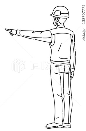 作業服を着て横を指差す男性の後ろ姿の線画イラスト 138707773