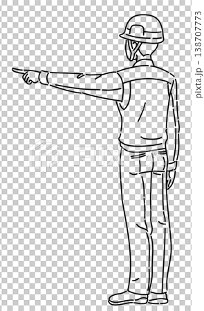 作業服を着て横を指差す男性の後ろ姿の線画イラスト 138707773