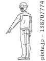 作業服を着て下方を指差す男性の後ろ姿の線画イラスト 138707774
