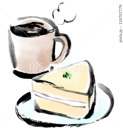 墨絵イラスト　水墨画　コーヒーとチーズケーキのセット 138707776