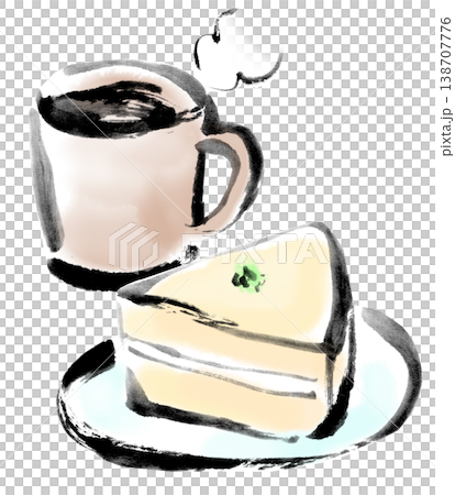 墨絵イラスト　水墨画　コーヒーとチーズケーキのセット 138707776