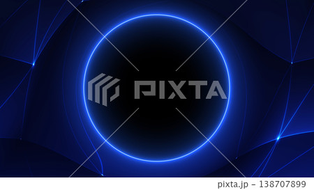 Blue neon circle with thin network lines on dark background. Clean technology frame with futuristic glow, minimal depth and open central space. 138707899