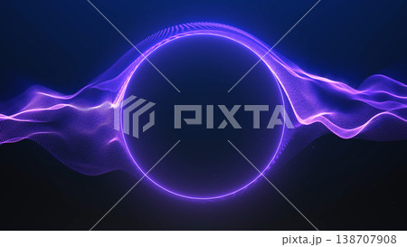 Purple glowing sphere with flowing particle waves on dark background. Abstract energy field with futuristic depth, soft neon motion and elegant digital rhythm. 138707908