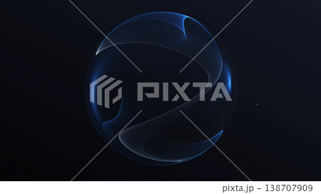 Transparent digital sphere with smooth light wave structure on dark background. Minimal futuristic orb with soft glow, clean lines and elegant sci fi detail. 138707909