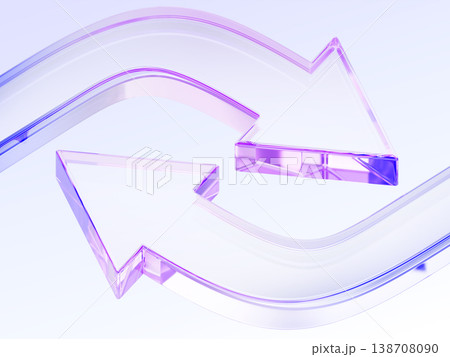 3d glass circle arrows with holographic gradient on blue background. Repeat, refresh, cycle, continuous process, update content, transfer. Two curve lines left right, circular motion. 3D illustration 138708090