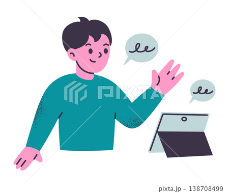 Little boy character learning with tablet, flat cartoon preschool kid practicing language and repeating words. Online tutor and digital education, children study vector illustration Little boy character learning with tablet, flat cartoon preschool kid practicing language and repeating words. Online tutor and digital education, children study vector illustration 138708499