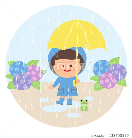 雨の日に傘をさす男の子と紫陽花イラスト 138708559