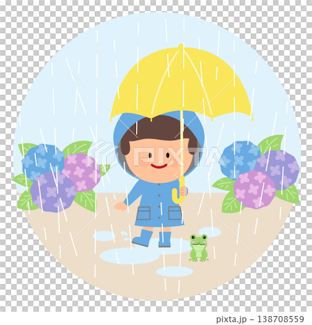 雨の日に傘をさす男の子と紫陽花イラスト 138708559