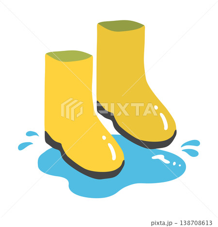 梅雨の時期の雨具素材　黄色の長靴と水たまりのフラットデザインイラスト 138708613