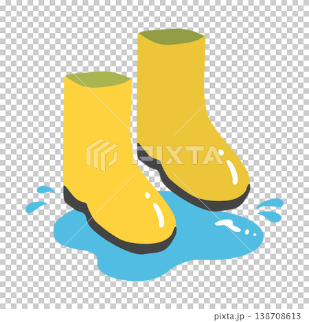梅雨の時期の雨具素材　黄色の長靴と水たまりのフラットデザインイラスト 138708613