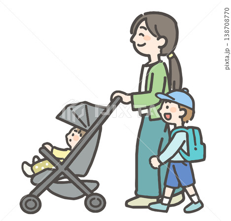 赤ちゃんが乗ったベビーカーを押すお母さんと子ども 138708770
