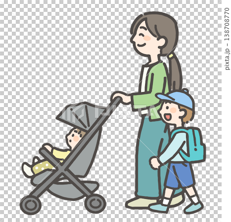 赤ちゃんが乗ったベビーカーを押すお母さんと子ども 138708770