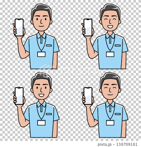 スマホを見せる笑顔の外国人男性（ポロシャツ姿） 138709181