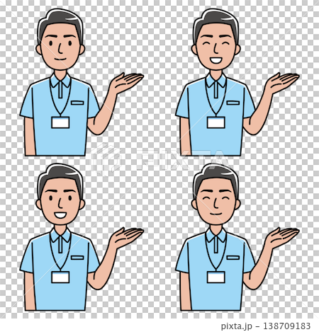 一位面帶微笑的外國男子（身穿polo衫）正用左手指路。 138709183