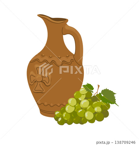 A brown clay jug with a handle and a narrow neck, standing on a white background. A terracotta wine vessel and green grapes. Ceramic tableware with an ethnic pattern. Vector illustration. 138709246