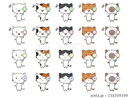 二重丸、丸、三角、バツの札を持つ猫の20種類セット立ち絵 二重丸、丸、三角、バツの札を持つ猫の20種類セット立ち絵 138709399