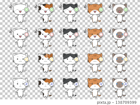 二重丸、丸、三角、バツの札を持つ猫の20種類セット立ち絵 二重丸、丸、三角、バツの札を持つ猫の20種類セット立ち絵 138709399