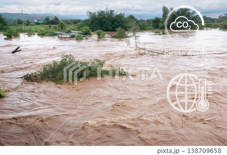 Muddy River Overflowing After Heavy Rainfall with Deadwood and Erosion Riverbank in Southeast asian. 138709658