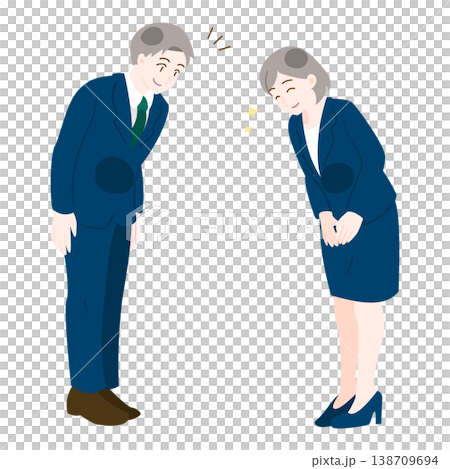 男女辦公室員工面帶微笑，禮貌地鞠躬。 138709694