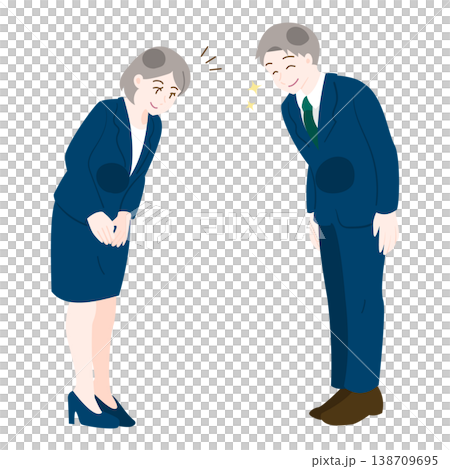 笑顔でお辞儀を交わす職場の男女スタッフ 笑顔でお辞儀を交わす職場の男女スタッフ 138709695