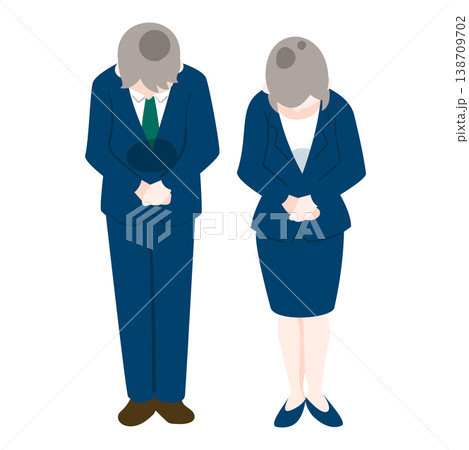 正面で深くお辞儀して謝罪する男女のビジネス人物 138709702