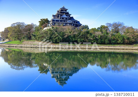 【岡山県】快晴のシンメトリーな岡山城天守閣 138710011
