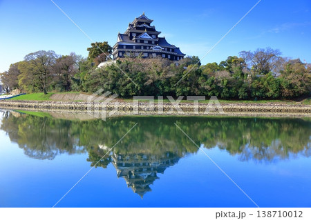 【岡山県】快晴のシンメトリーな岡山城天守閣 138710012