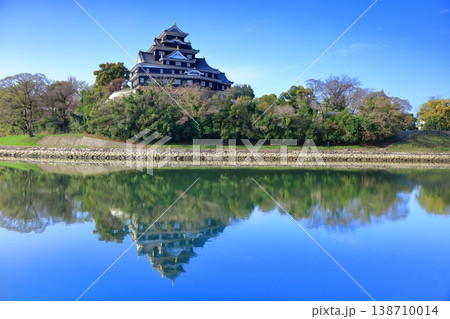 【岡山県】快晴のシンメトリーな岡山城天守閣 138710014