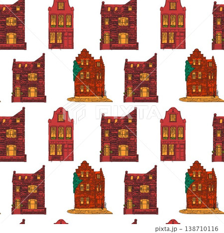 Old Town Buildings Repeating Pattern Hand Drawn Houses Old Town Buildings Repeating Pattern Hand Drawn Houses 138710116