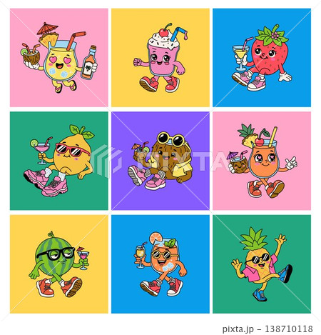 Cute Summer Fruits and Drinks Cartoon Character Set Cute Summer Fruits and Drinks Cartoon Character Set 138710118