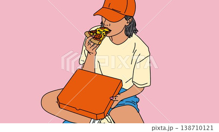Young Woman Enjoying Pizza Takeaway Cartoon Style Young Woman Enjoying Pizza Takeaway Cartoon Style 138710121