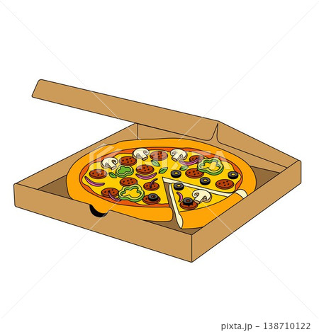 Whole Pizza with Slice Missing in Cardboard Box Whole Pizza with Slice Missing in Cardboard Box 138710122